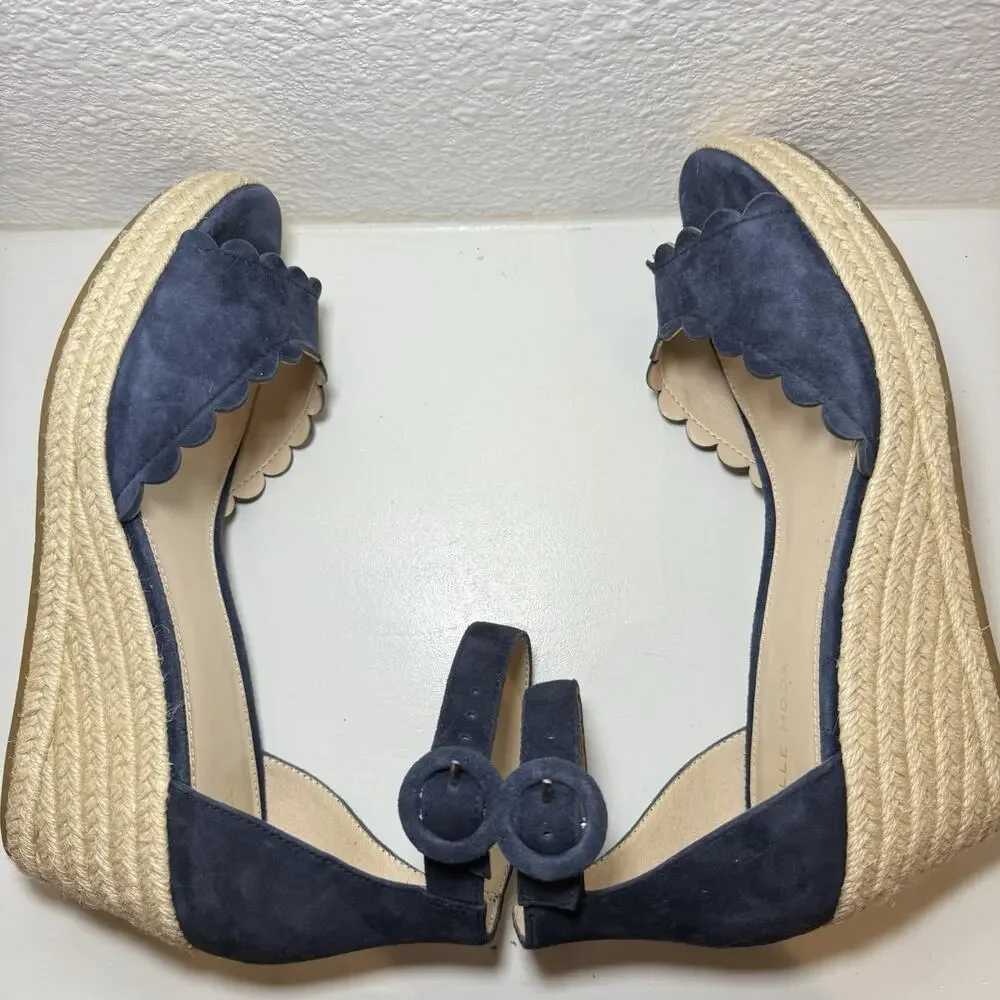 Pelle Moda Womens 9.5M Navy Suede Espadrille Wedge Sandals Scalloped Ankle Strap